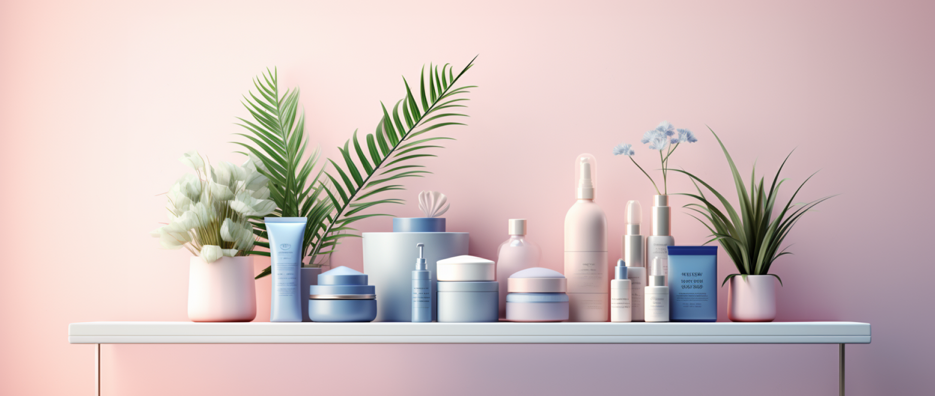 A cosmetic display with plants in a light pink room.