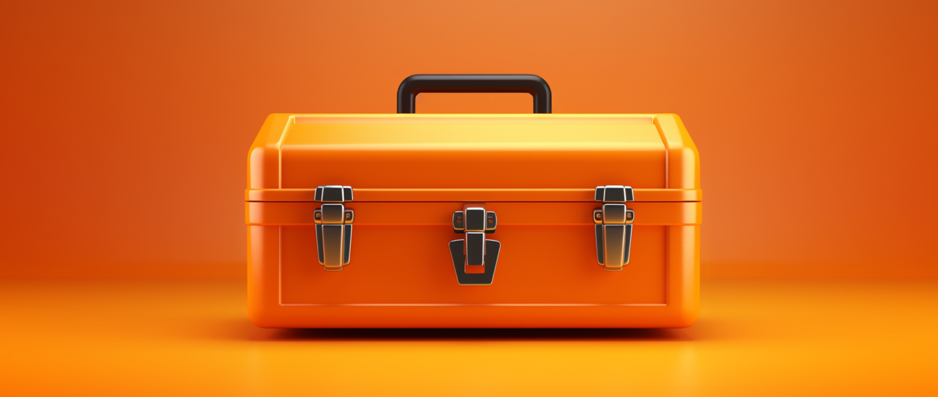 An orange toolbox illuminated on an orange background.