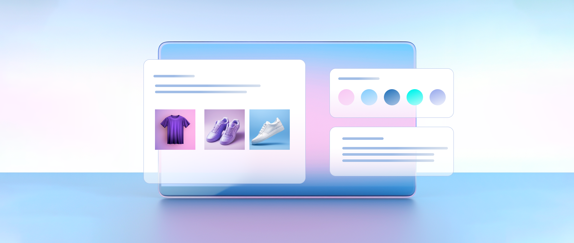 A webpage of a purple tshirt, pair of light purple shoes and a white sneaker with color options on a light blue and purple background.