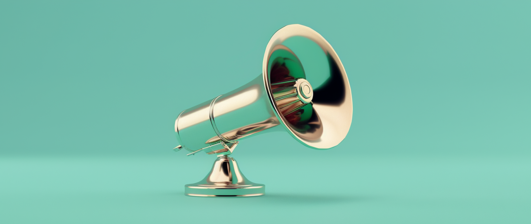 A shiny standing megaphone on an aqua background.