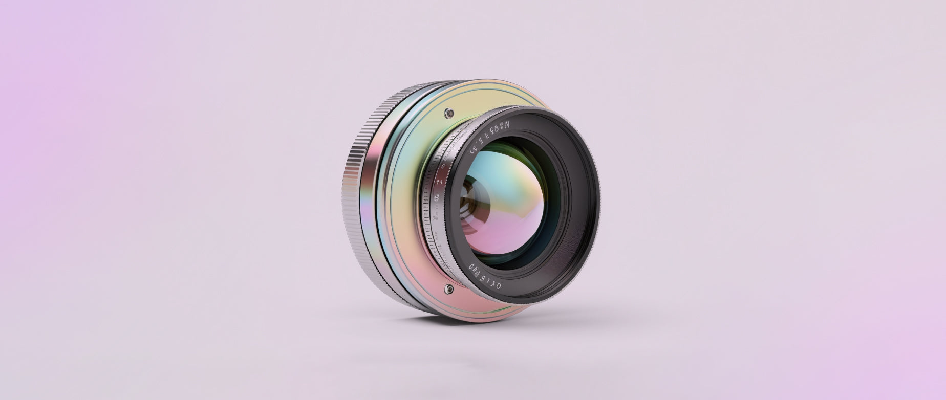 a camera lens against a pale iridescent pink background: branding photography