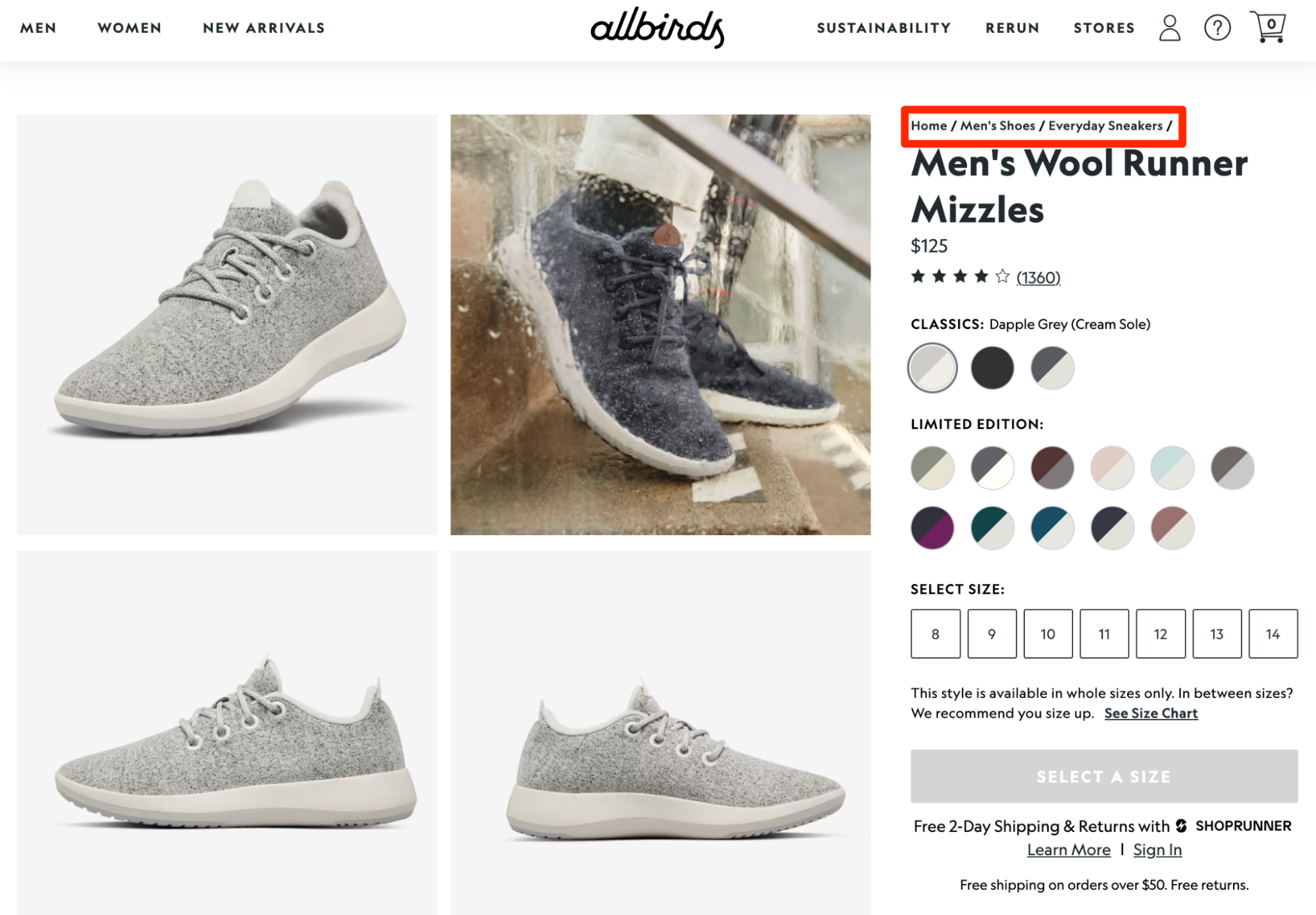 Allbirds ecommerce product page with category breadcrumbs highlighted.