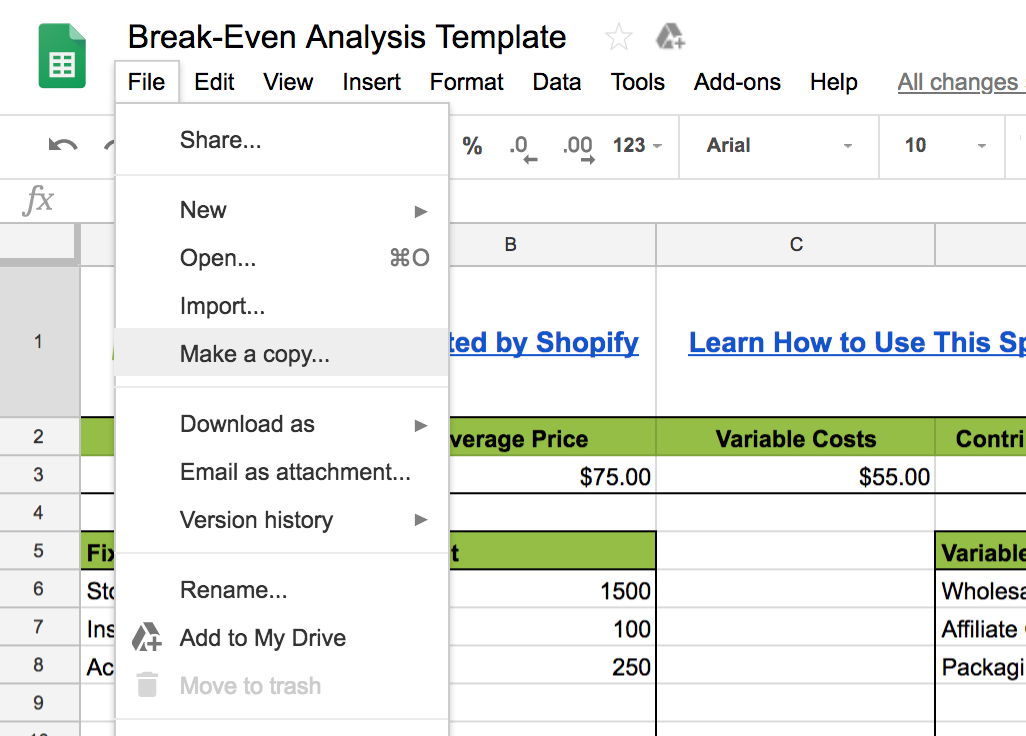 A template spreadsheet to help you create a break even analysis