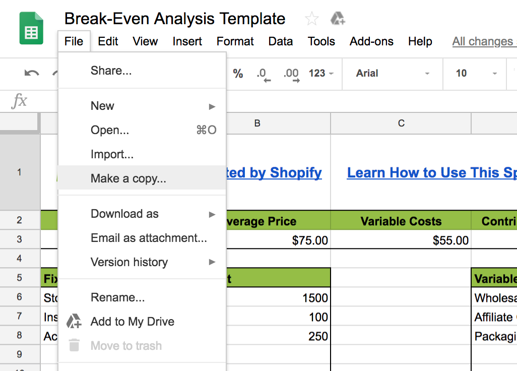 A template spreadsheet to create a break-even analysis