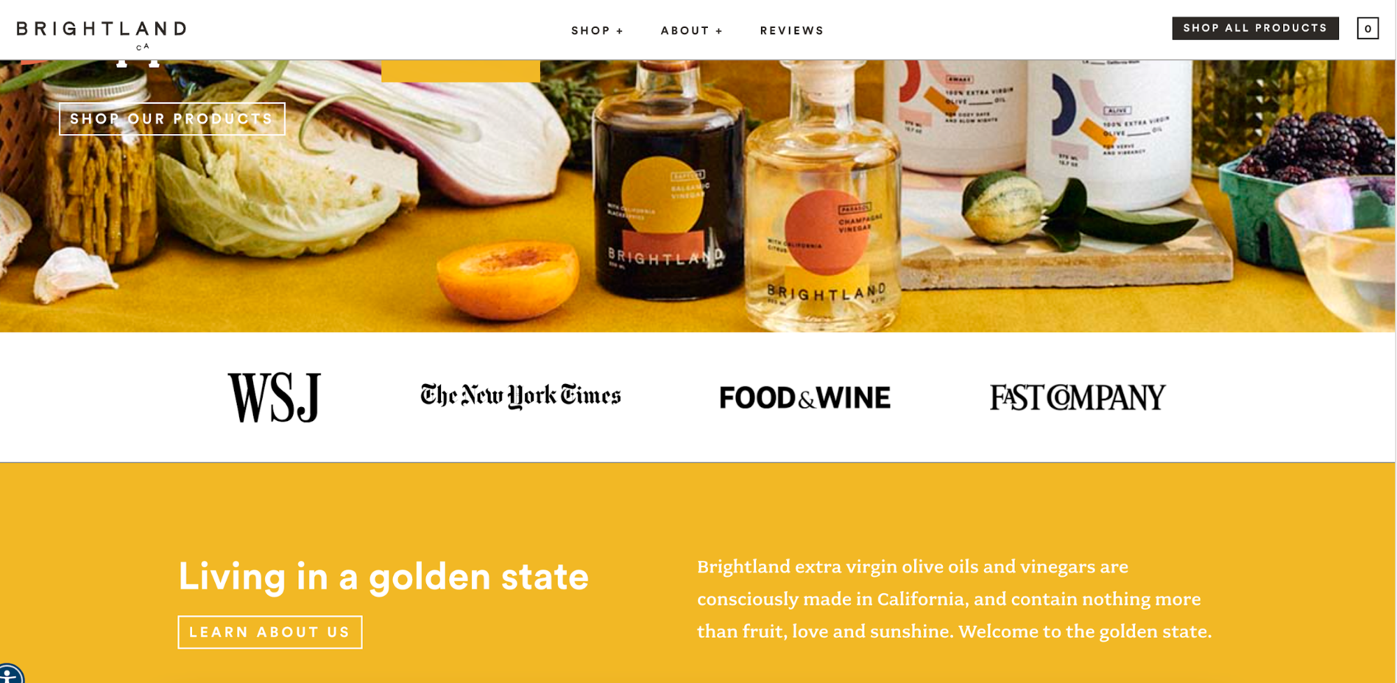 Logos of The WSJ, NYT, Food & Wine, and Fast Company on the Brightland website.