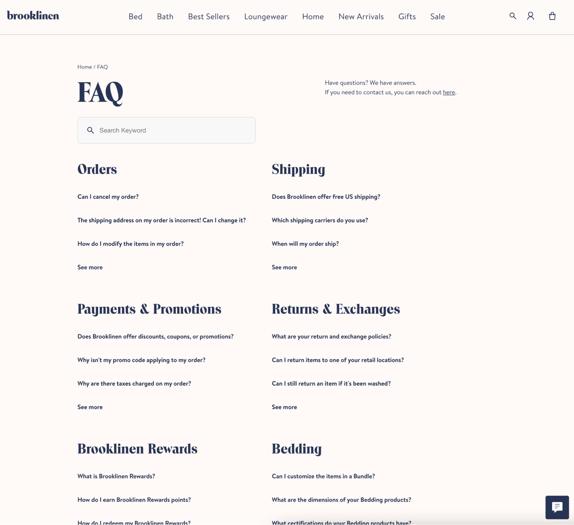 Brooklinen’s branded FAQ page with simple questions and see more links.