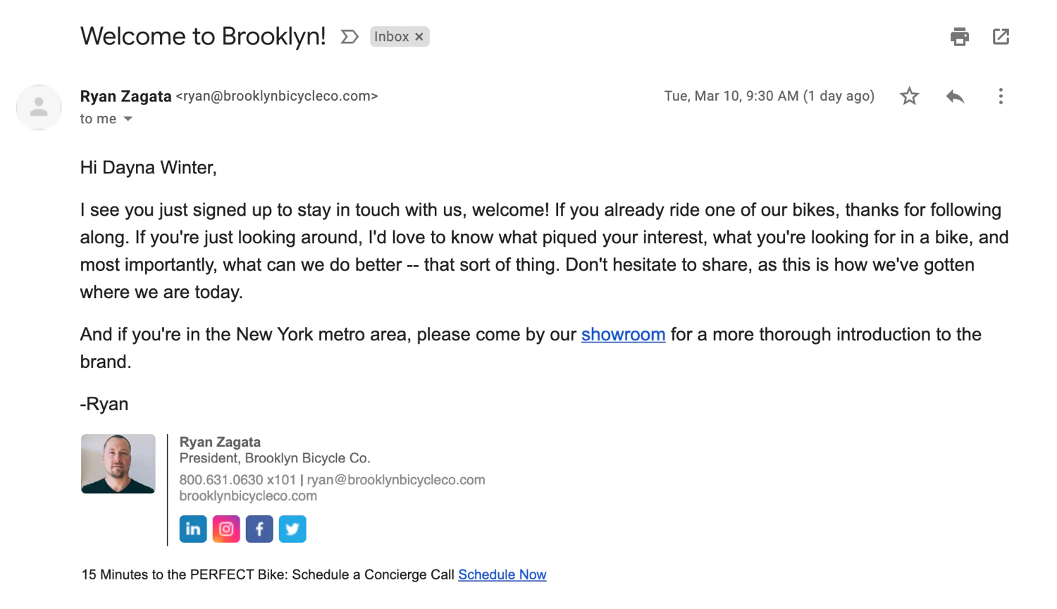 Screengrab of a follow-up email to a customer from Brooklyn Bicycle Co.