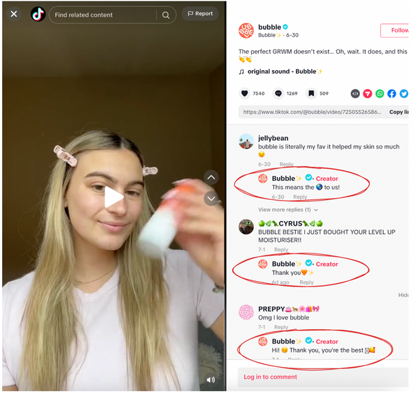 Screencap of Bubble Skincare TikTok with a woman wearing hair clips and holding a product.
