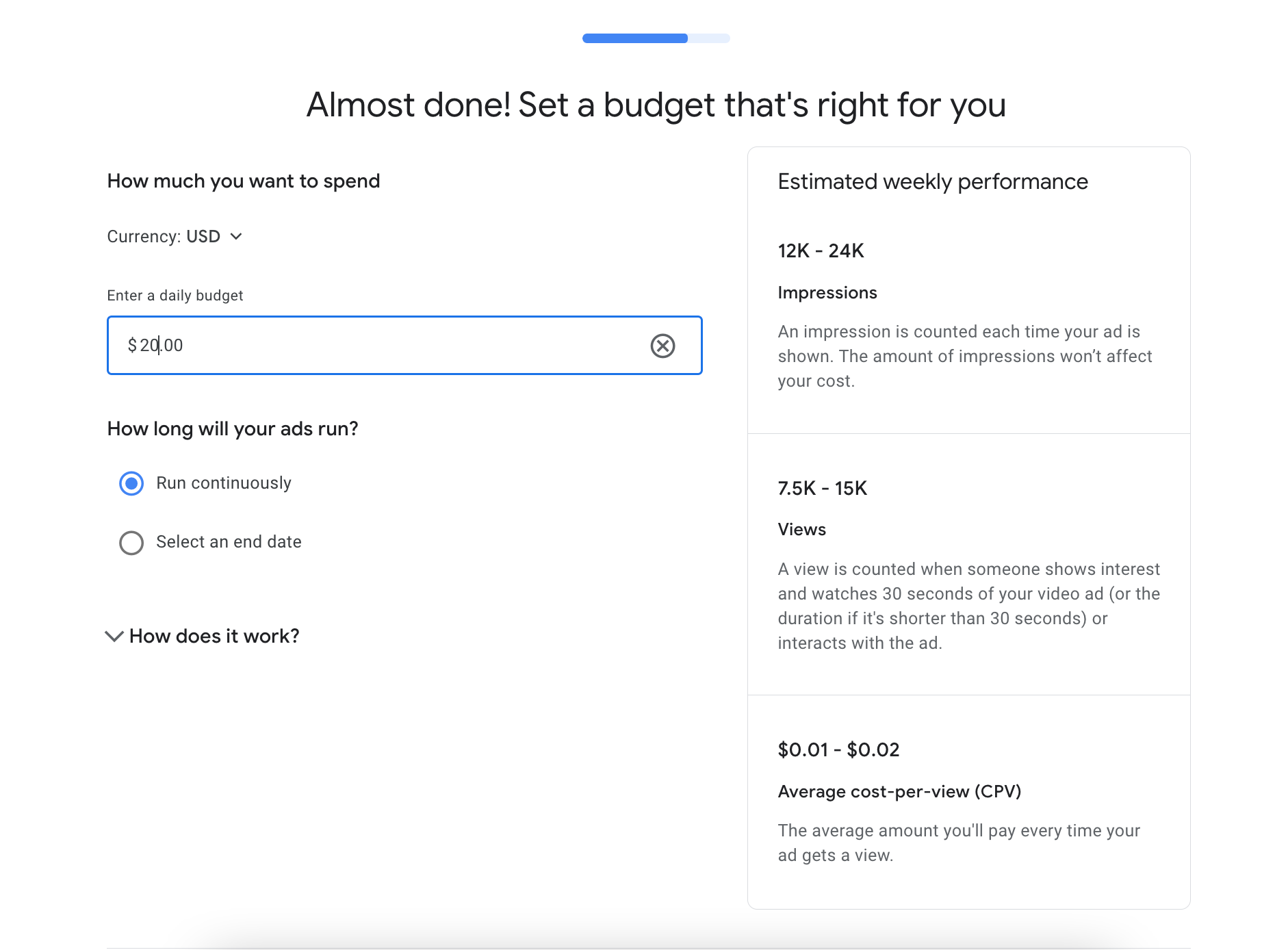 Set a budget for your YouTube ad