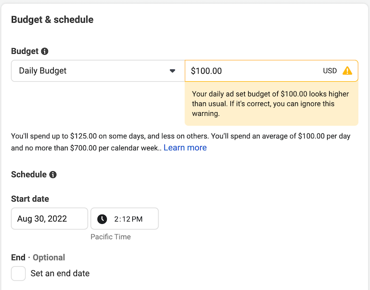 A Budget & Schedule settings page warns the user about a high daily budget.