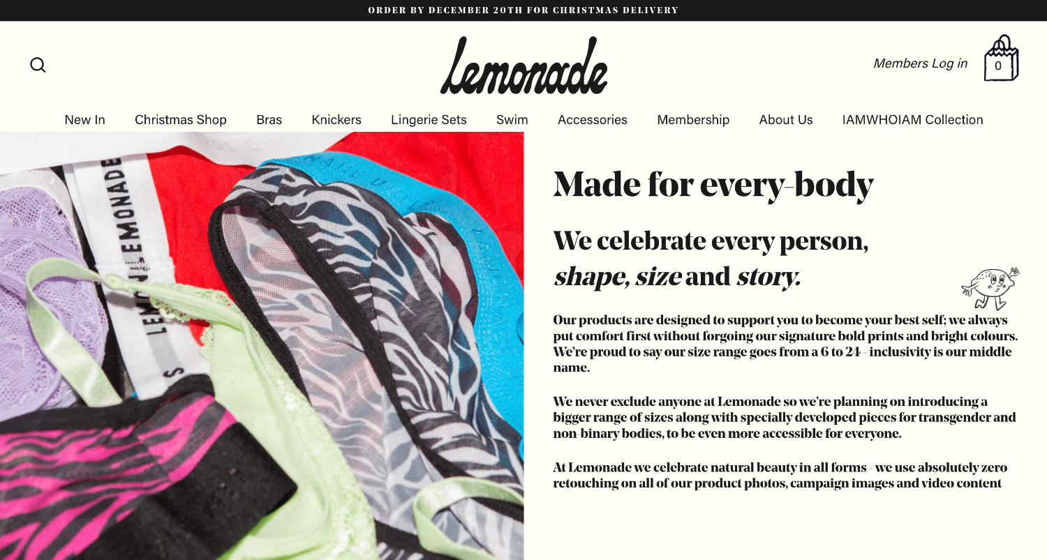 Ecommerce website page for brand Lemonade