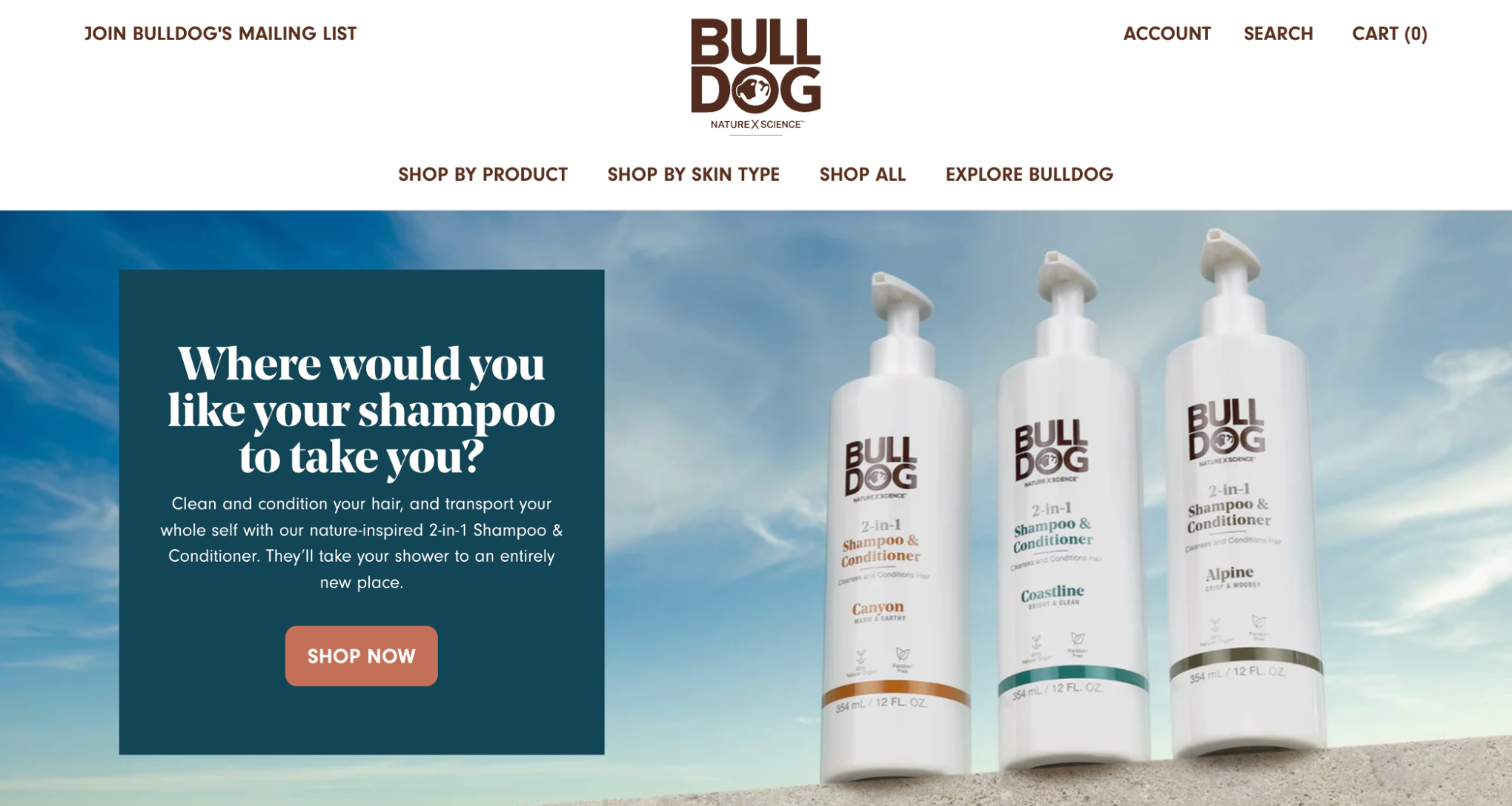 Image of shampoo banner image on Bulldog Skincare’s homepage