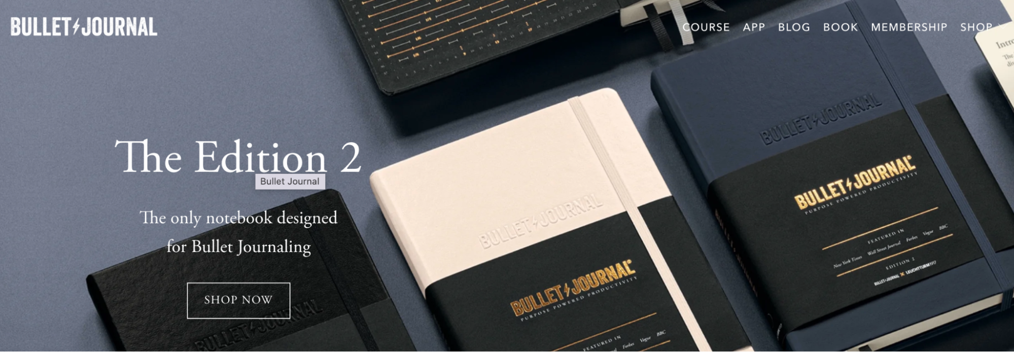 The homepage of Bullet Journal, which sells a unique journaling solution online.