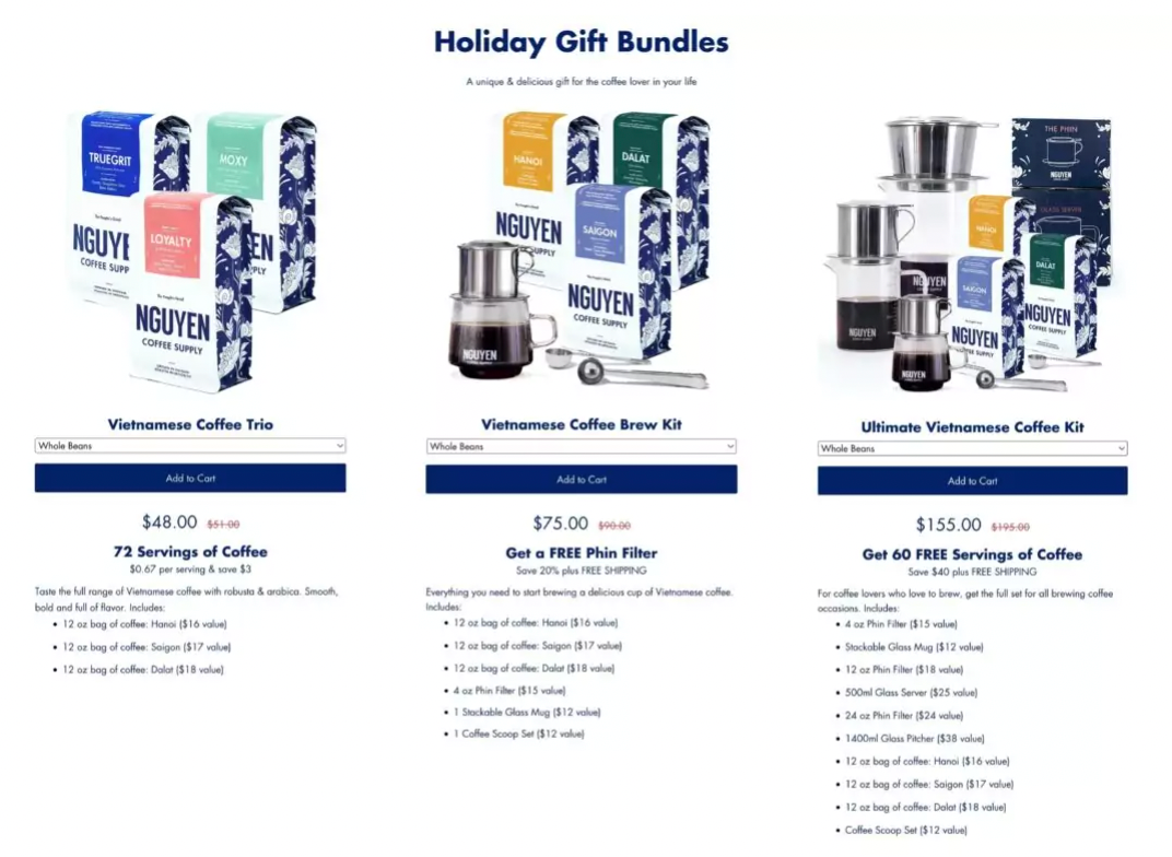 Three holiday gift bundle columns with product images and details from Nguyen Coffee Supply.