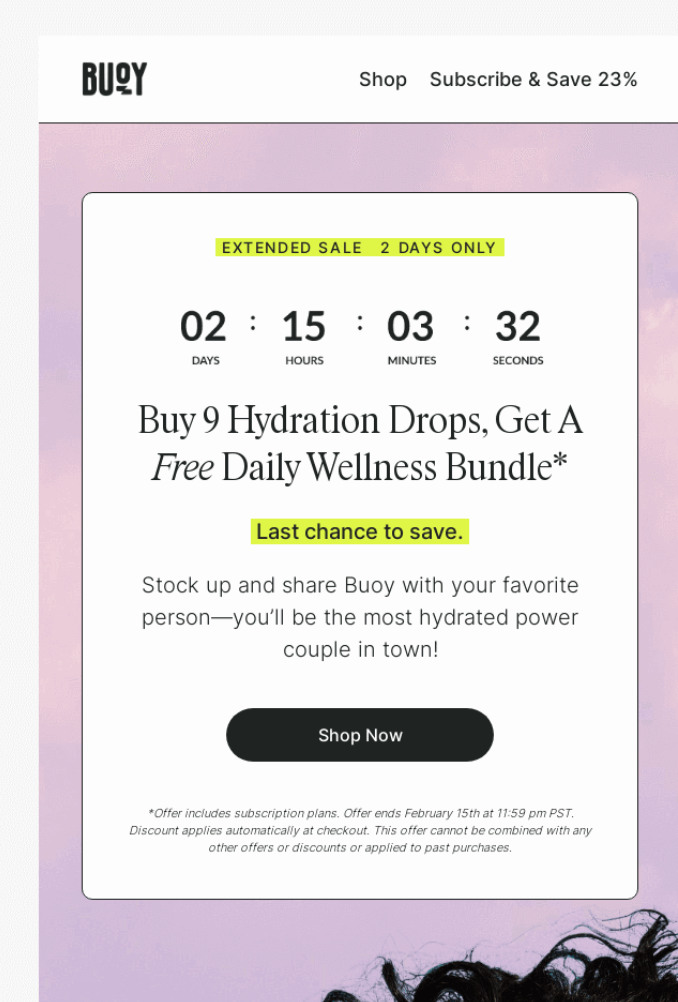 Email from Buoy announcing its extended sale with a countdown timer and a link to start shopping.