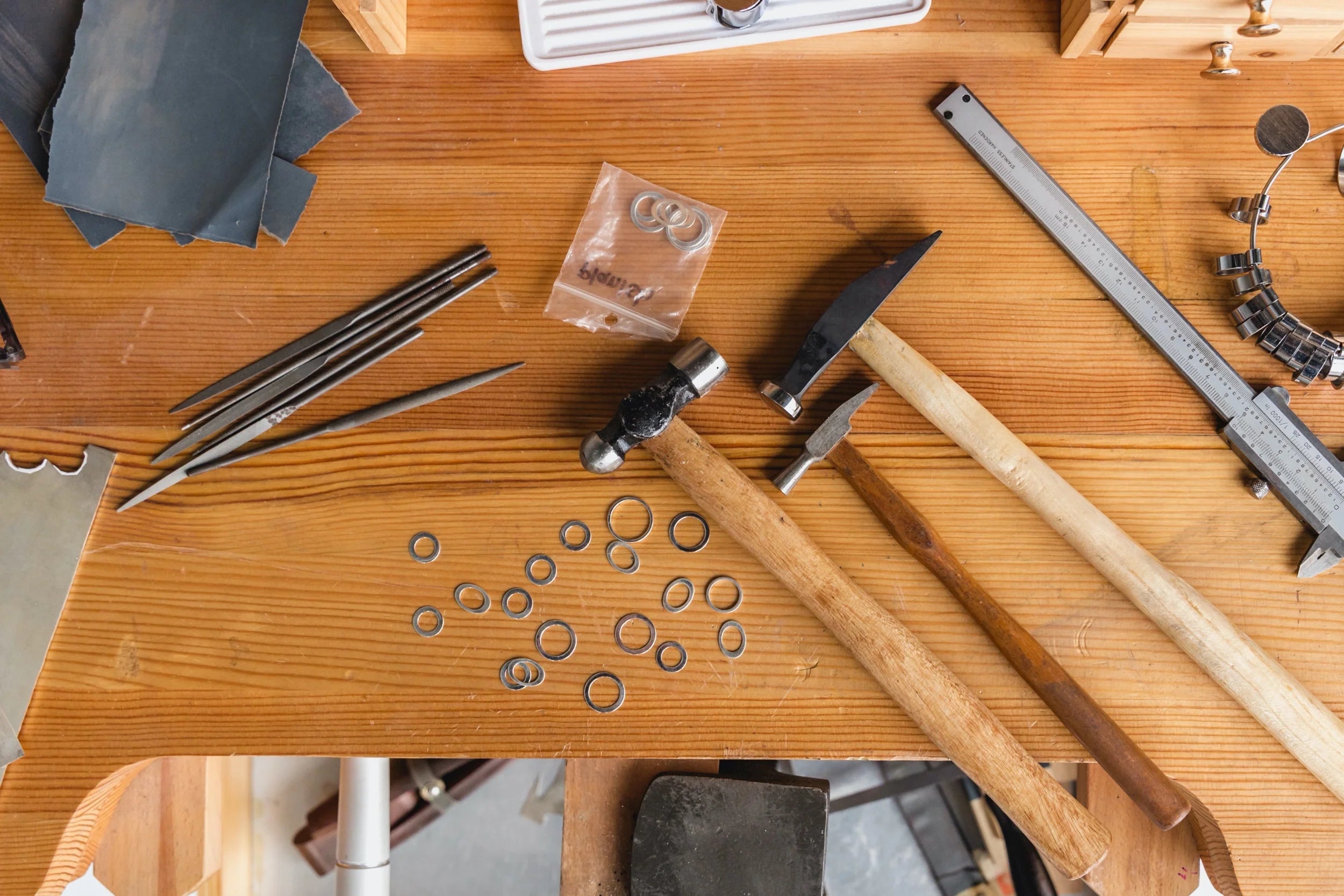 Jewelry tools on a wooden table