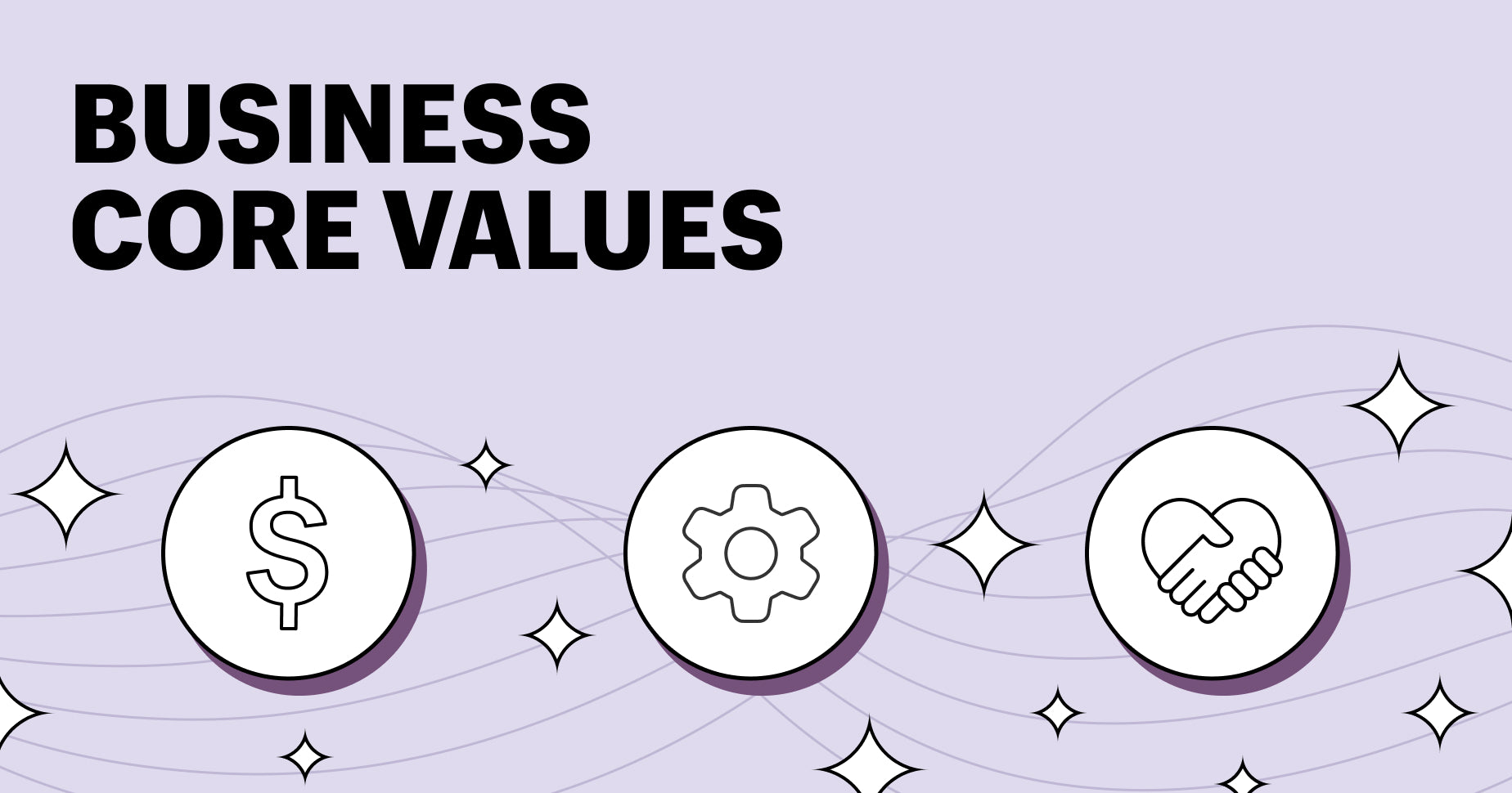 Light purple background with text that says "business core values" alongside white abstract vector icons  