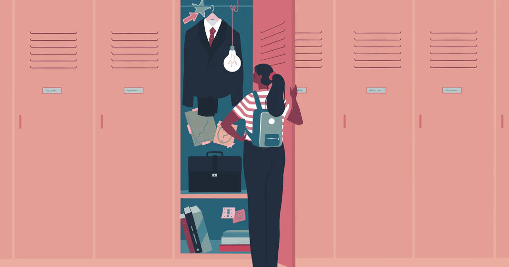 Illustration of a teen looking in a locker full of lightbulbs and business