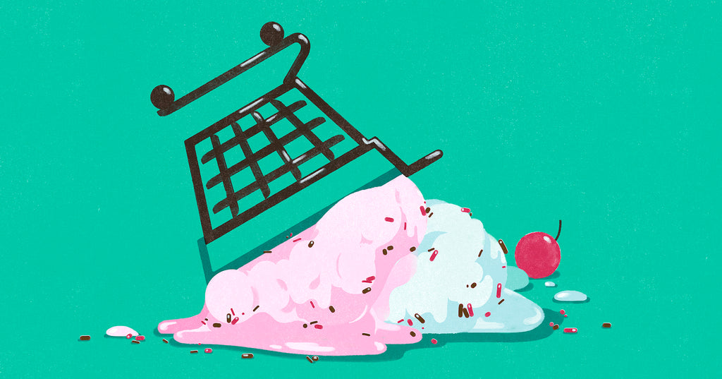 Illustration of a shopping cart filled with ice cream that's tipped over, representing the mistakes one can make when starting an online business