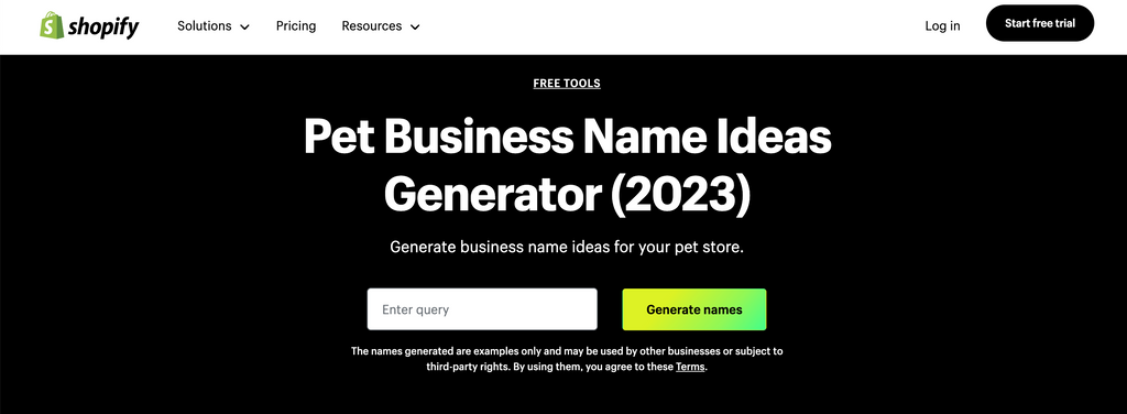 Shopify's free Pet Business Name Generator tool