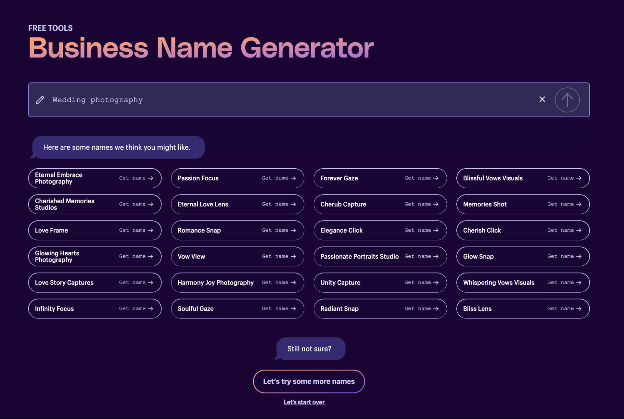 Image of Shopify’s Business Name Generator in action