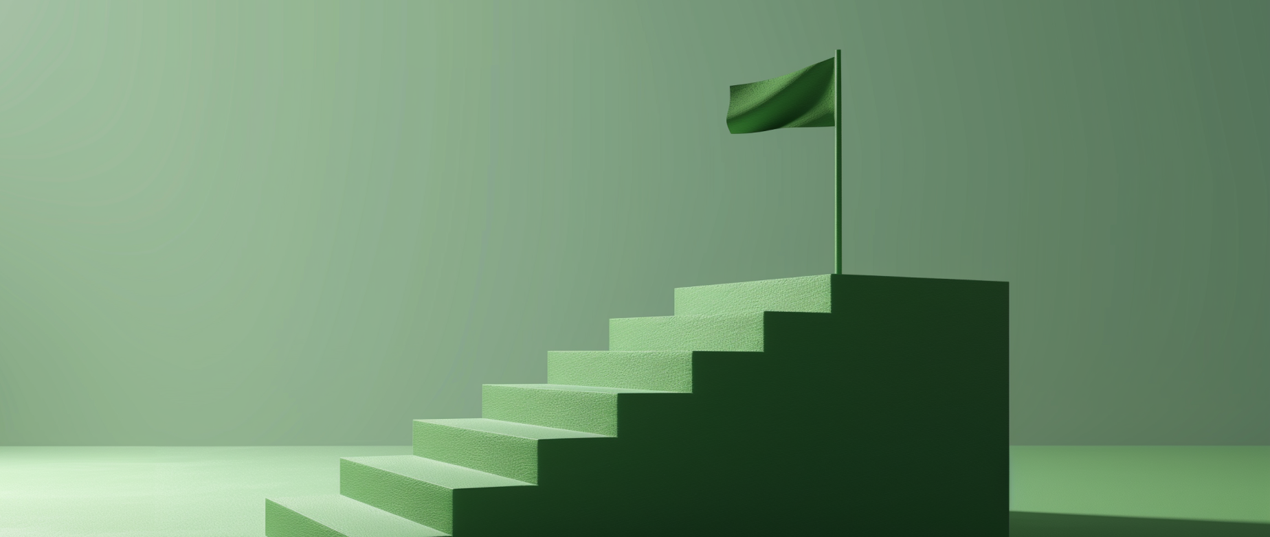 A green staircase with a flag at the top on a light green background.