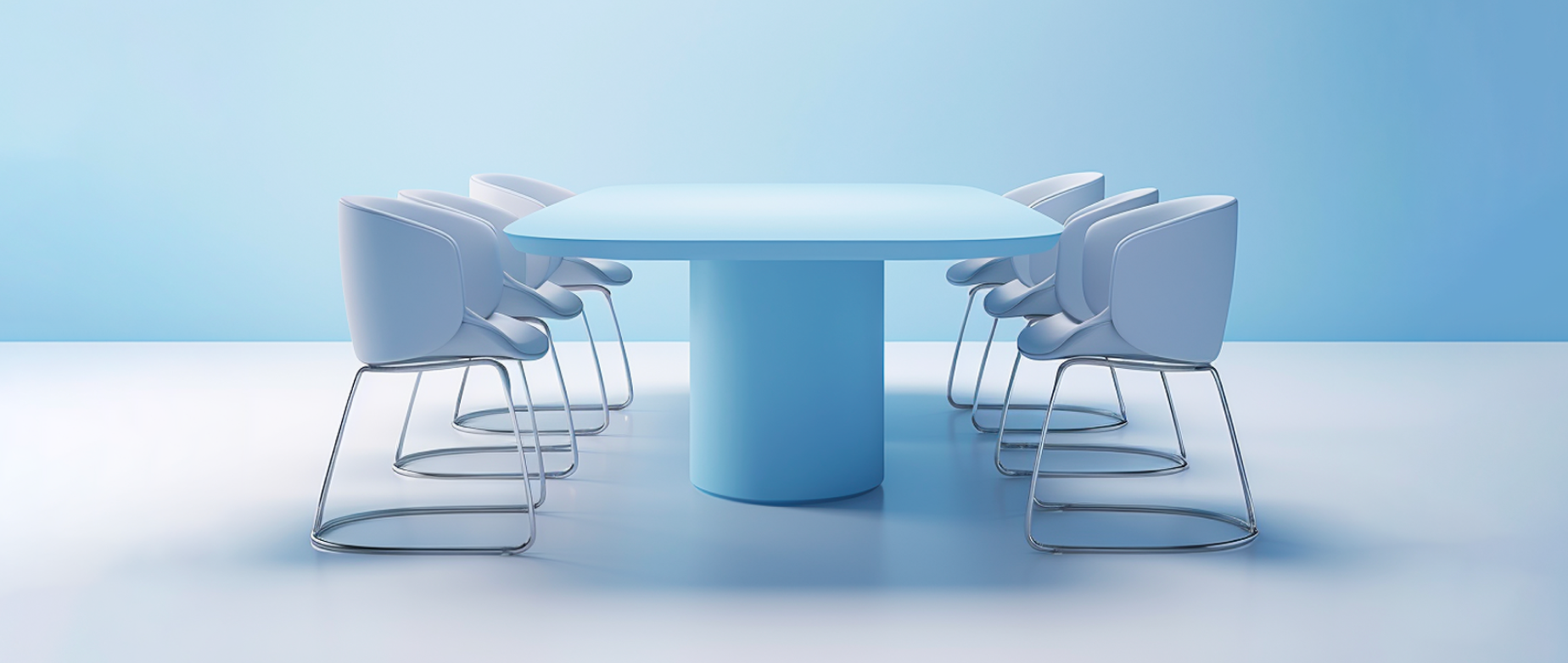 A light blue conference table with white chairs in a blue and white room.