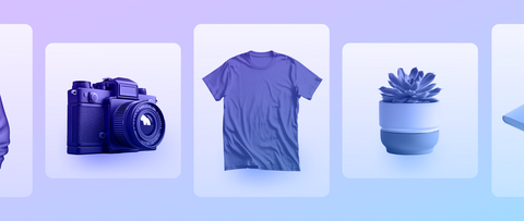 White panels with products on them including a camera, shirt, and plant on a light purple background.
