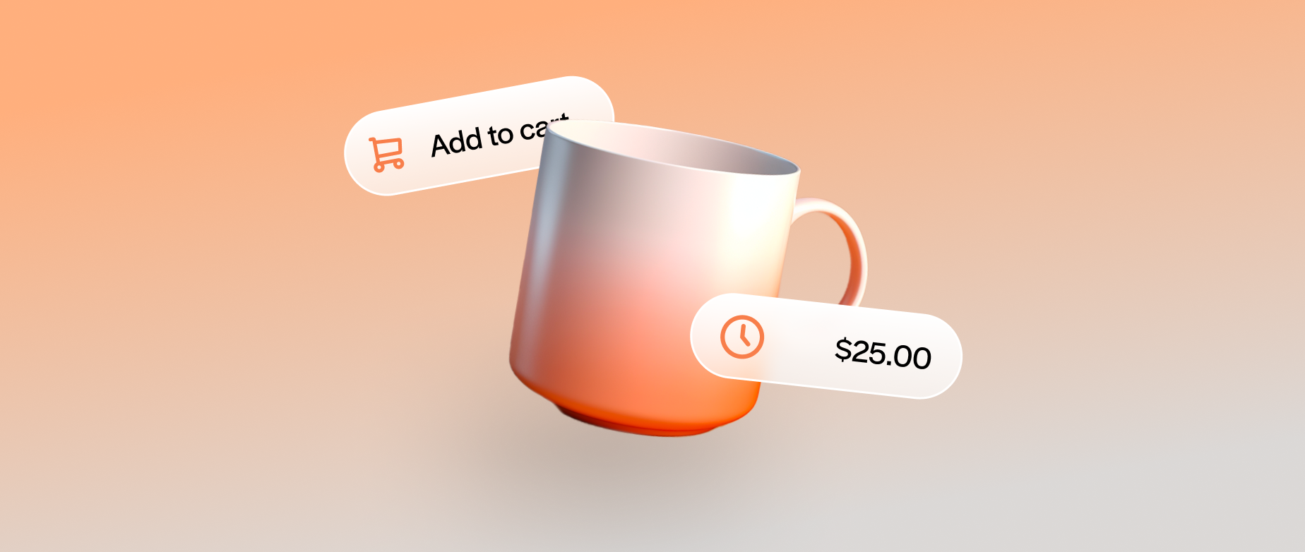 ombre coffee mug with clock icon + price and cart icon, indicating buy now pay later