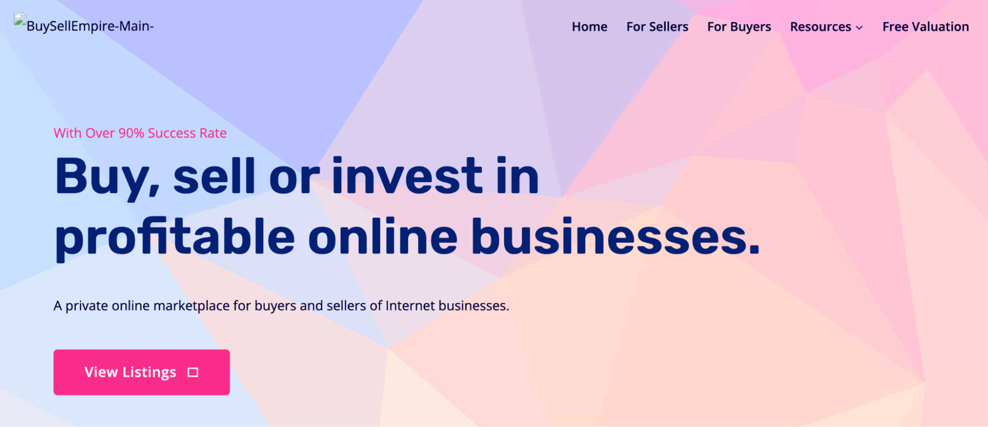 Screenshot of BuySellEmpire’s website with a pastel geometric background, navy text, and hot pink buttons.