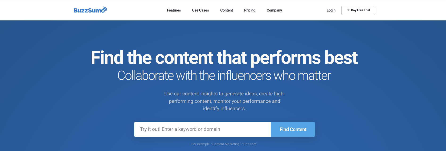 Screenshot of the BuzzSumo homepage