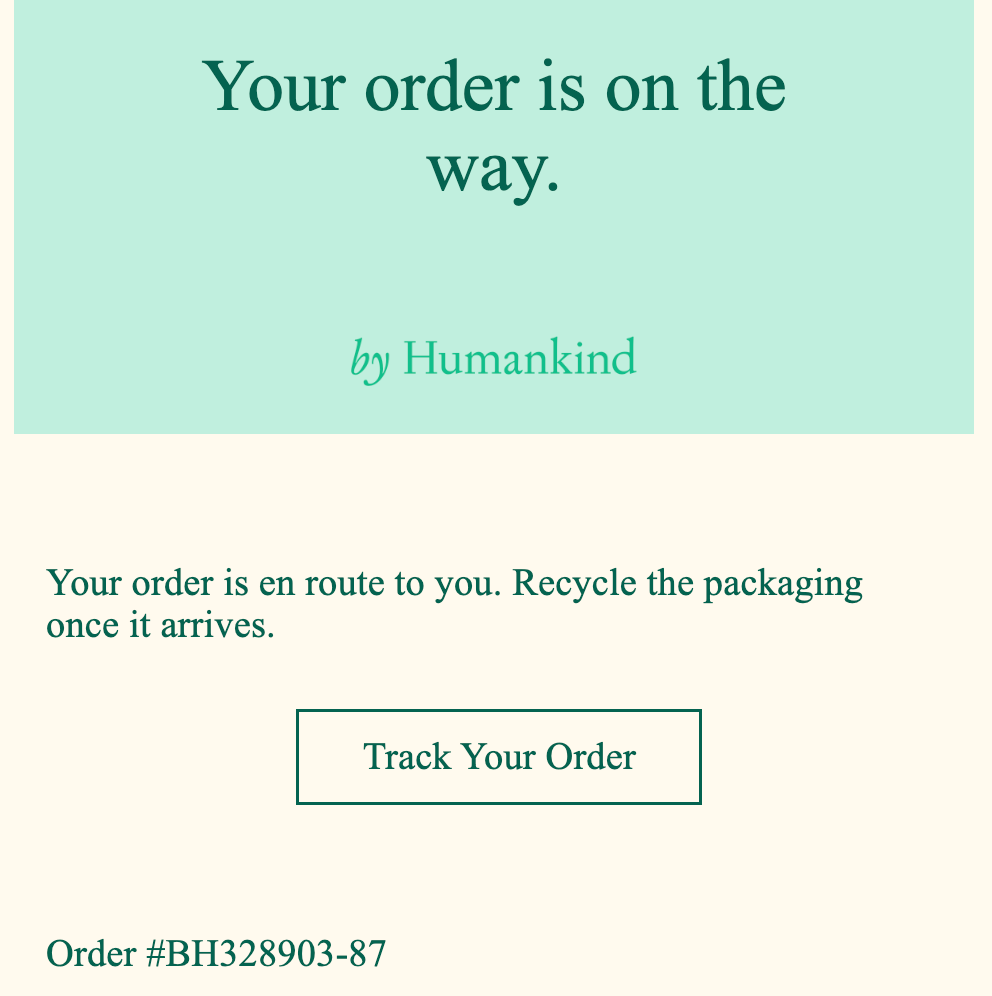 screenshot of shipping update email from by Humankind with tracking information