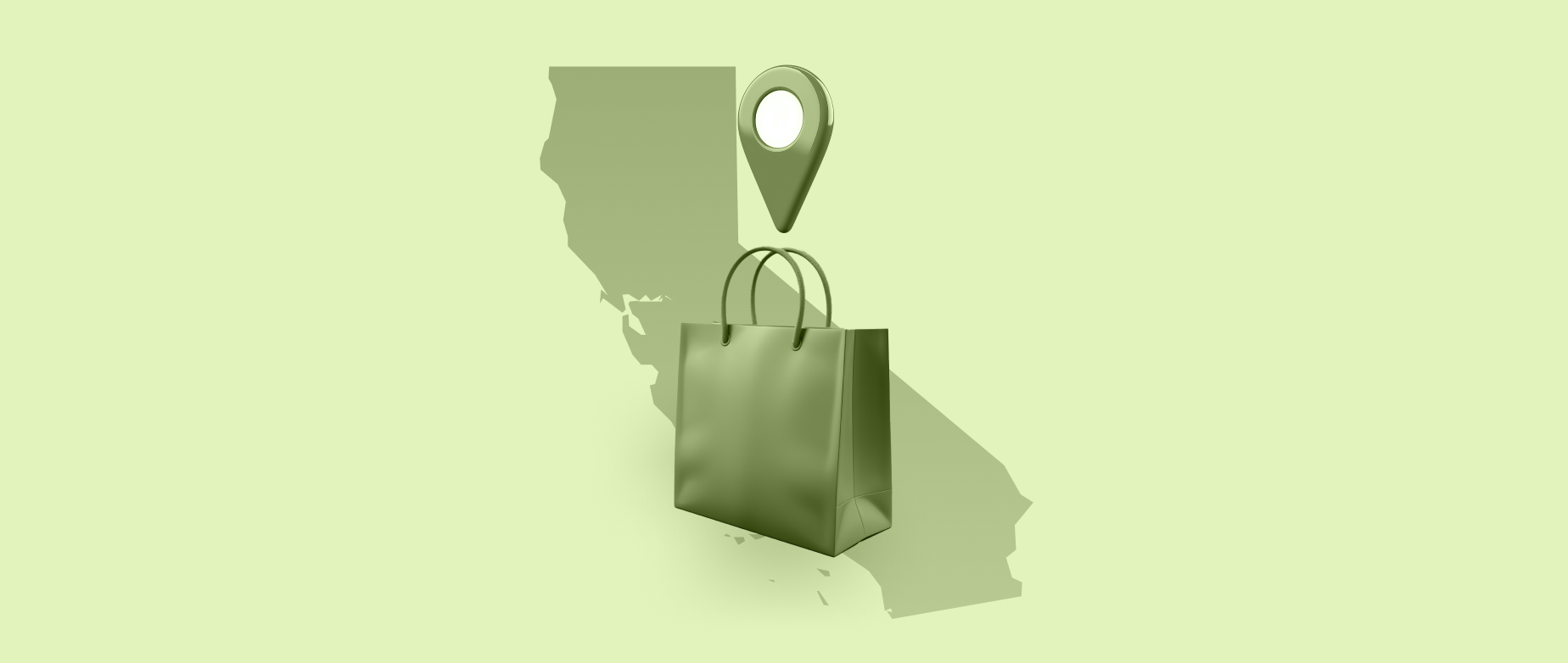 Green outline of state of California with shopping bag and location icon on light green background.