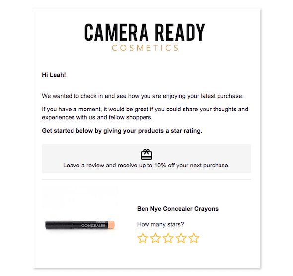 Camera Ready Cosmetics offers shoppers a discount on their next purchase in exchange for a review.