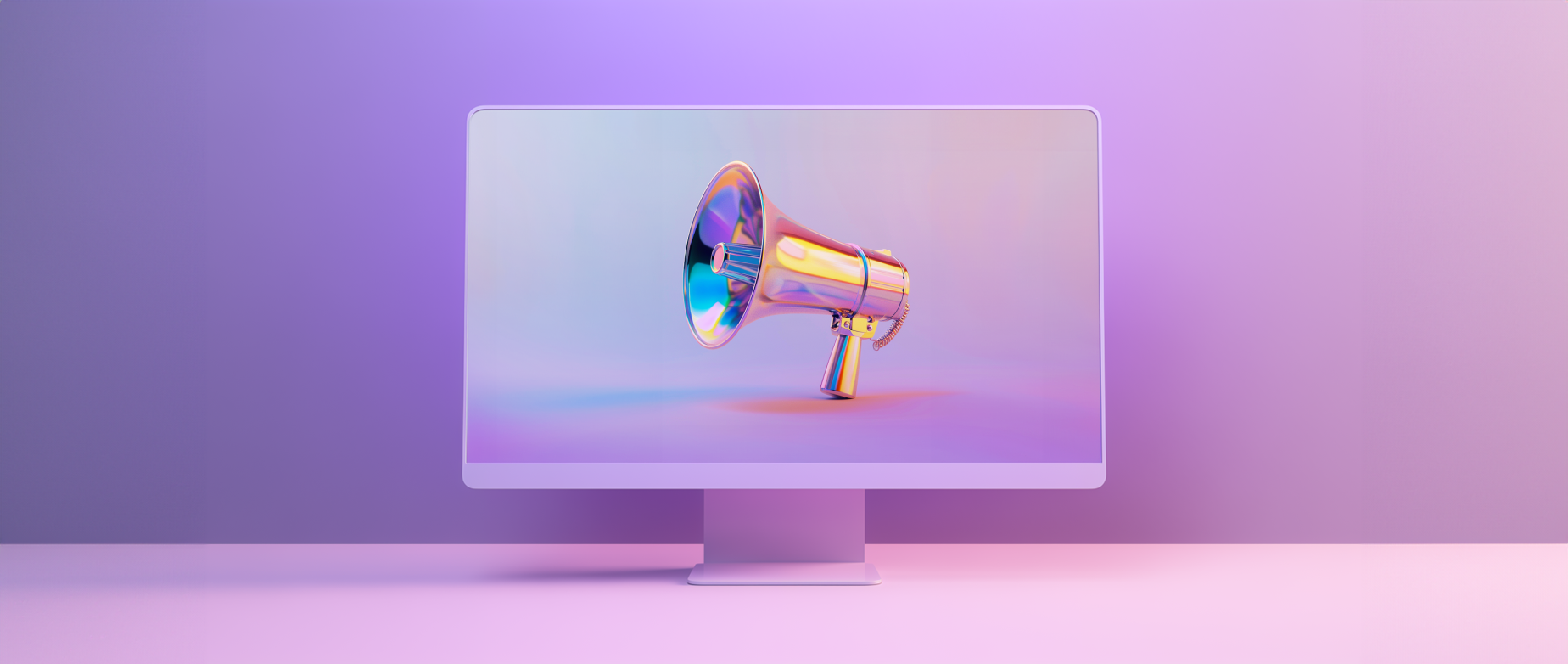 A computer screen with a silver megaphone on it on a purple background.