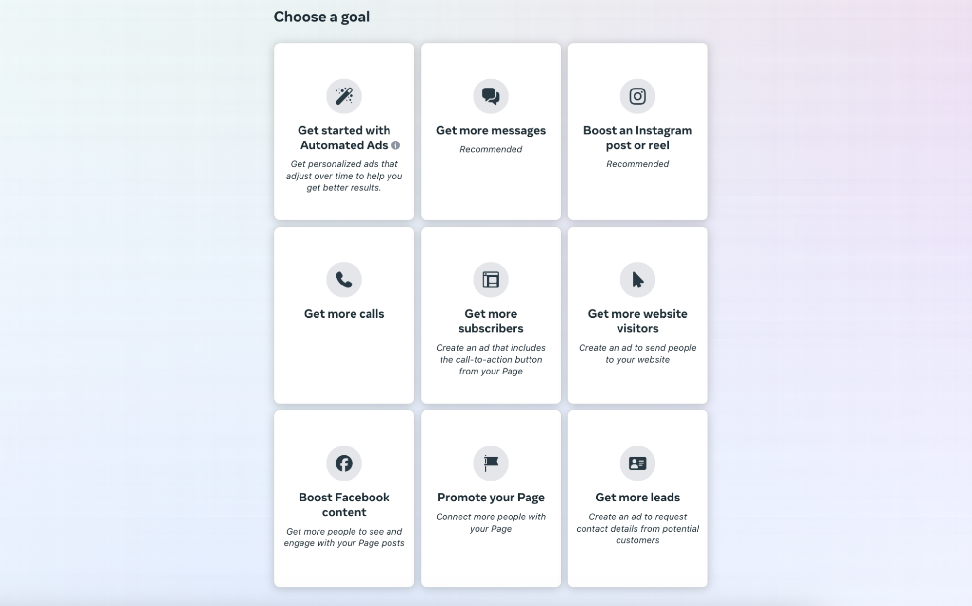 Grid showing nine Facebook marketing campaign goals including getting more leads.