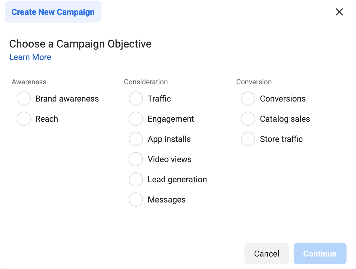 Screenshot of Meta Ads Manager, where you can choose your Instagram ad campaign objective