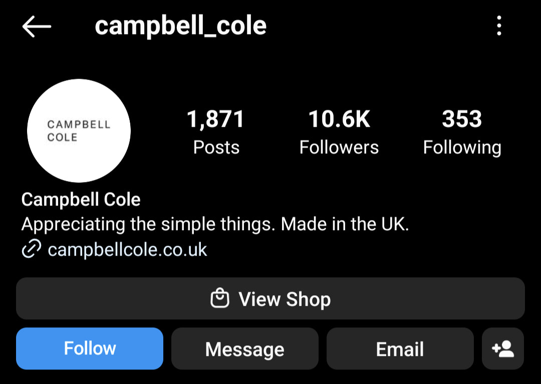 screenshot of Campbell Cole Instagram bio