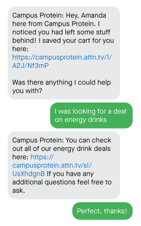 Automated text message from Campus Protein reminds a shopper they have left a product in their cart.