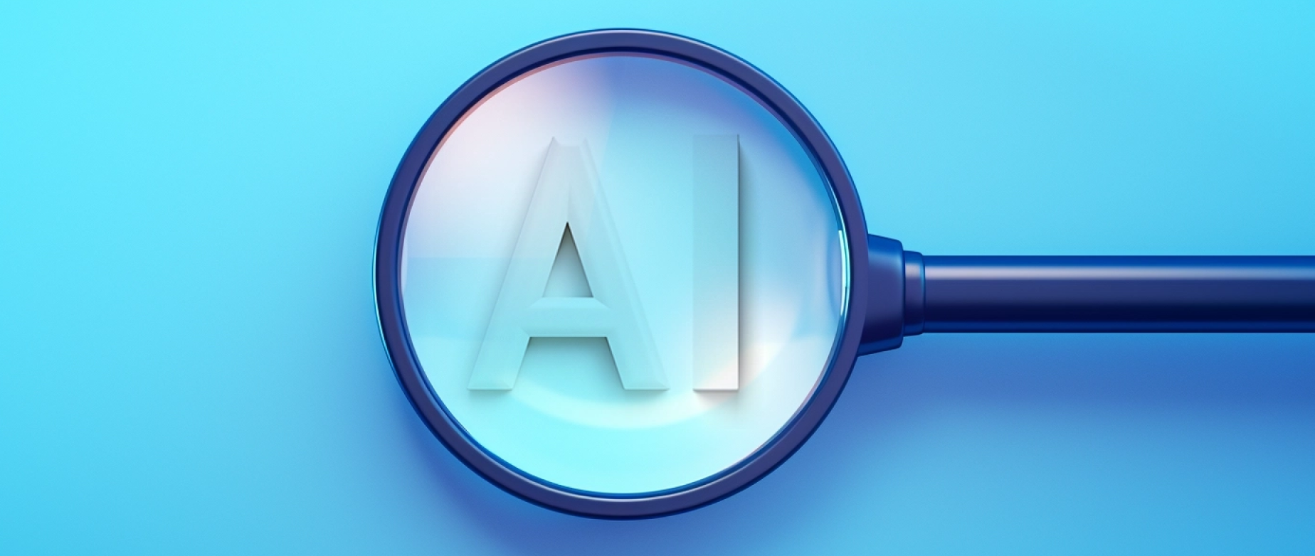 A magnifying glass examining "AI" on a blue background.