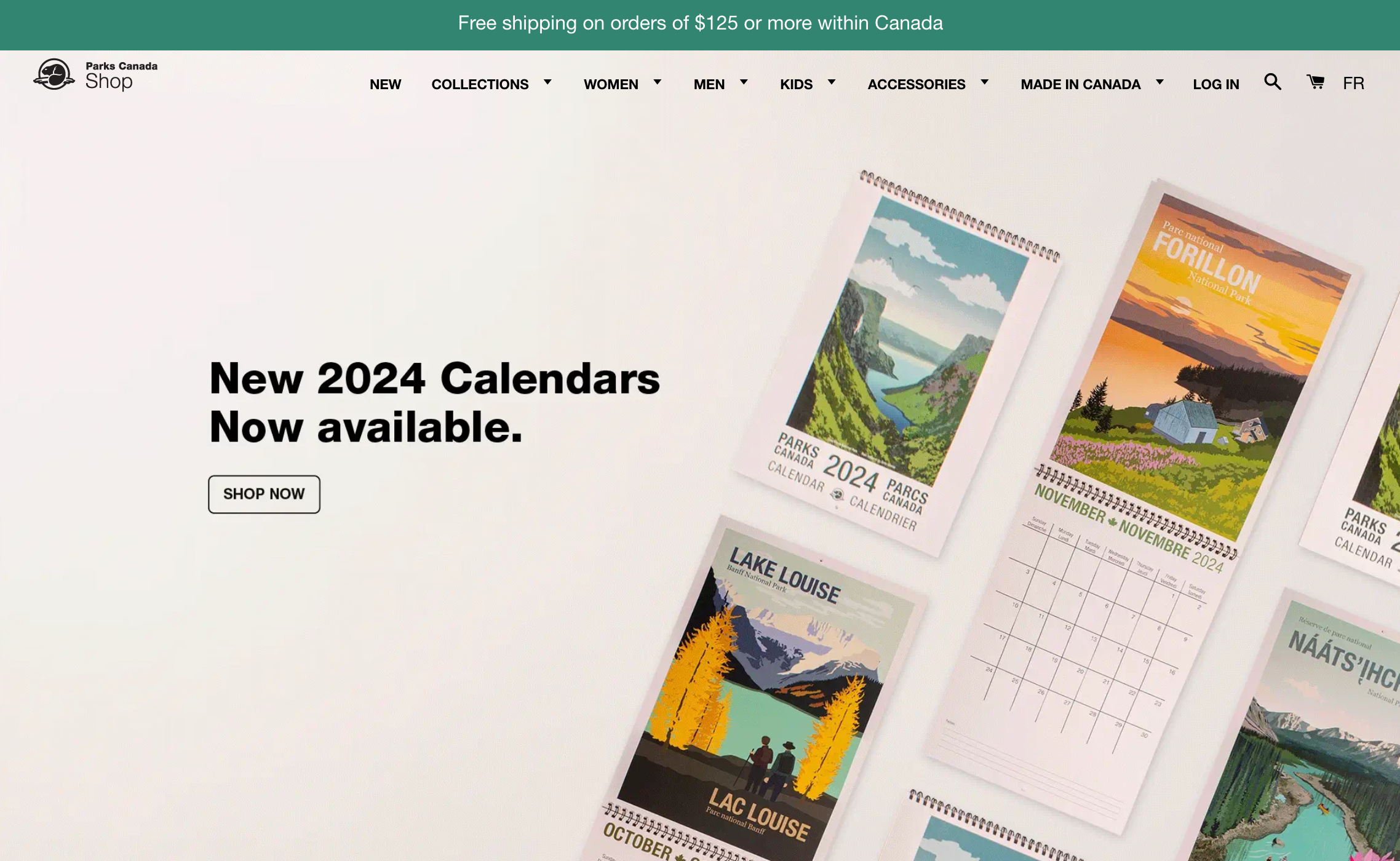 Homepage on Parks Canada's ecommerce website