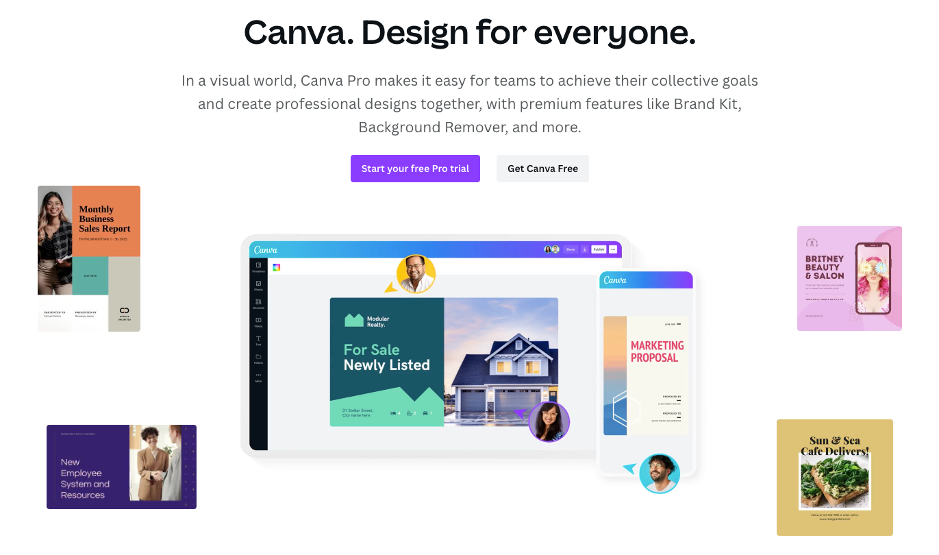 A screenshot of the Canva homepage that reads, Canva. Design for everyone