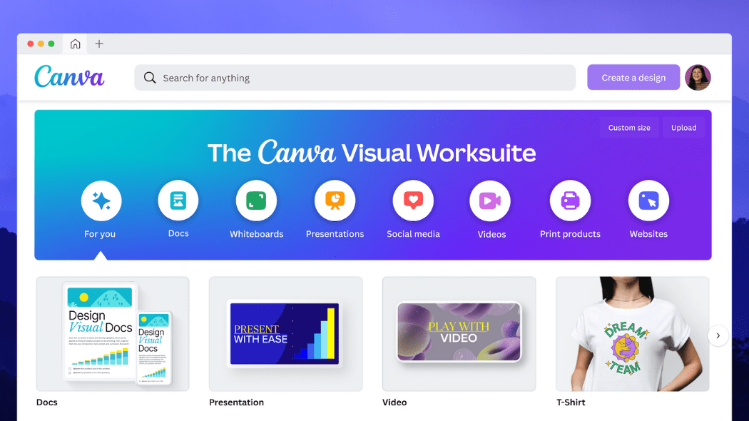 Canva homepage displaying design options including documents, videos, presentations, and t-shirts.