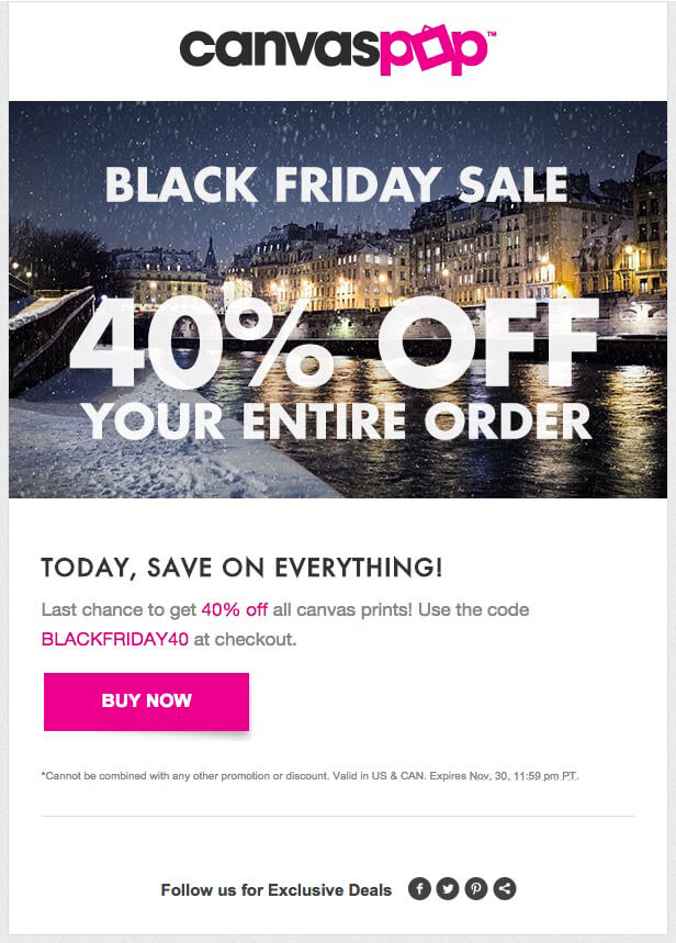 Eenvoudige Black Friday-aankondigingsmail van CanvasPop