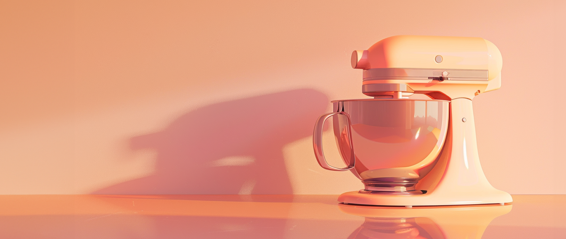 A kitchen mixer on a peach background.