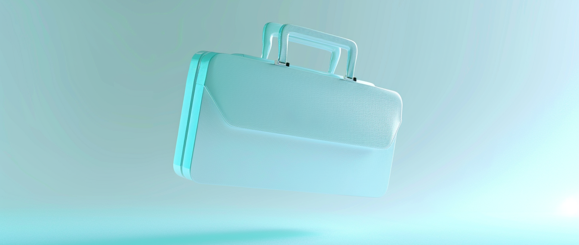 An almost transparent light blue briefcase on a light blue background.