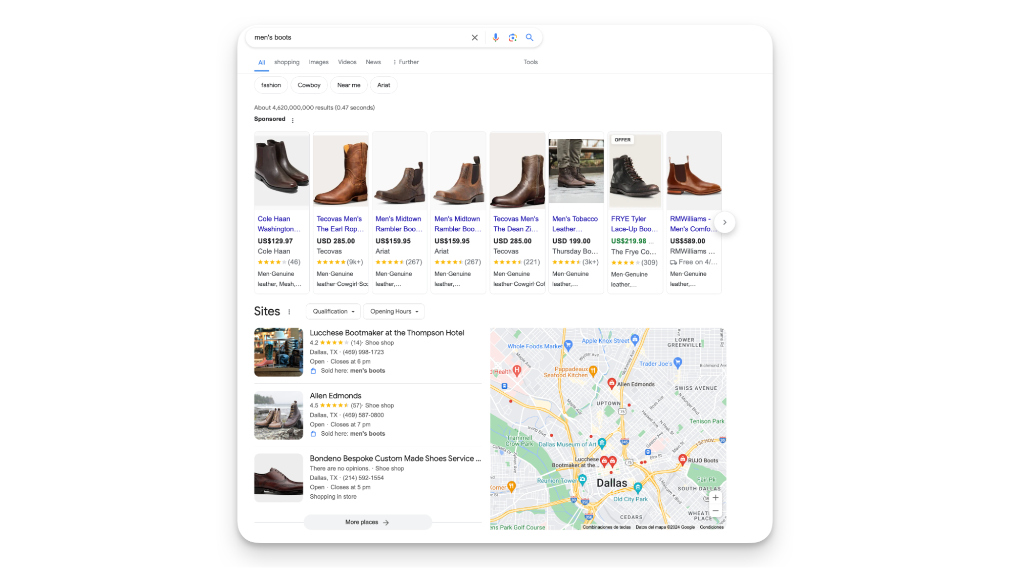 A carousel of eight images of boots on a Google search result page