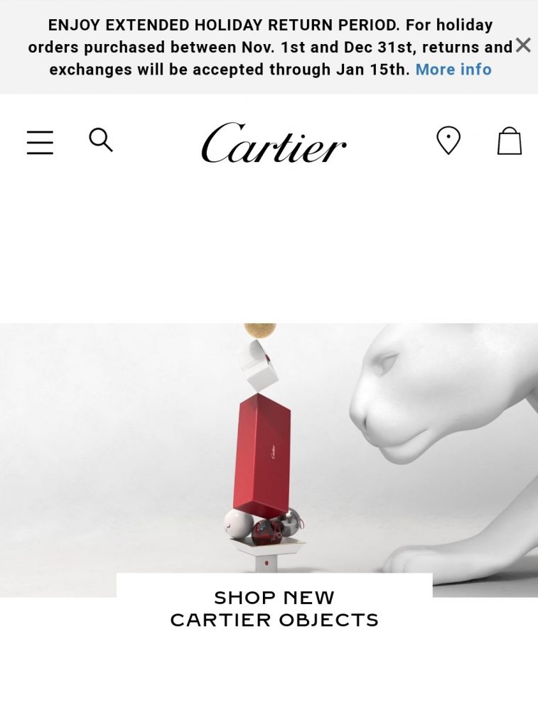 A banner promoting Cartier’s extended holiday returns policy on its website