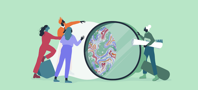 Illustration of multiple people looking through an oversized lens