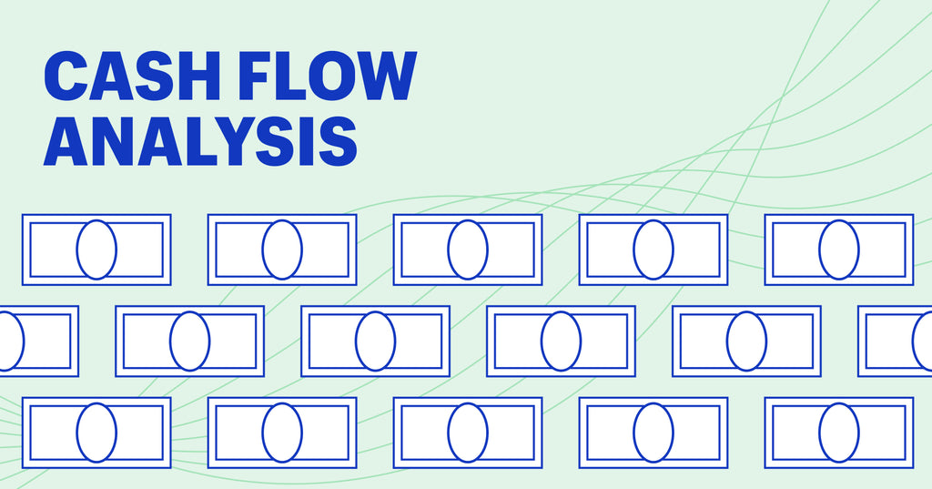 cash flow analysis on top/middle, and three rows of dollar bills